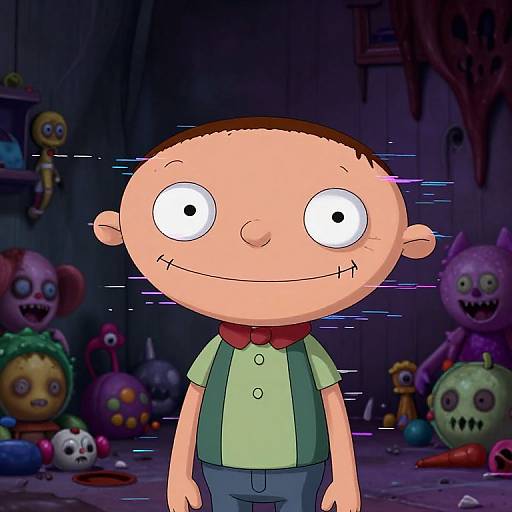 Cartoon boy with wide eyes, scarred smile, green shirt, red bowtie, standing in eerie room with creepy stuffed toys. Digital art.