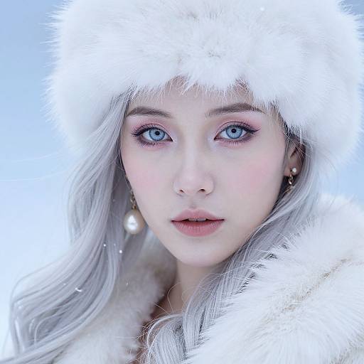 Photograph of a fair-skinned woman with striking blue eyes, wearing a white fur hood, pearl earrings, and soft pink lipstick, set against a