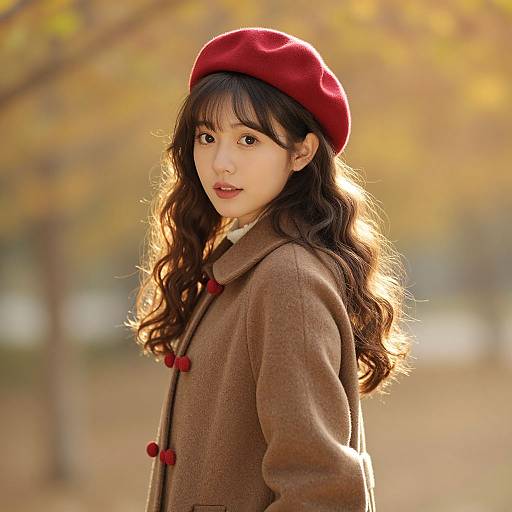 Photograph of an Asian woman with long, wavy brown hair wearing a red beret and brown coat with red buttons, standing in a sunlit