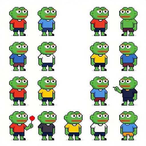 Pixel art of 16 green, cartoon-style frog characters, each wearing different colorful shirts and pants, standing in a 4x4 grid.
