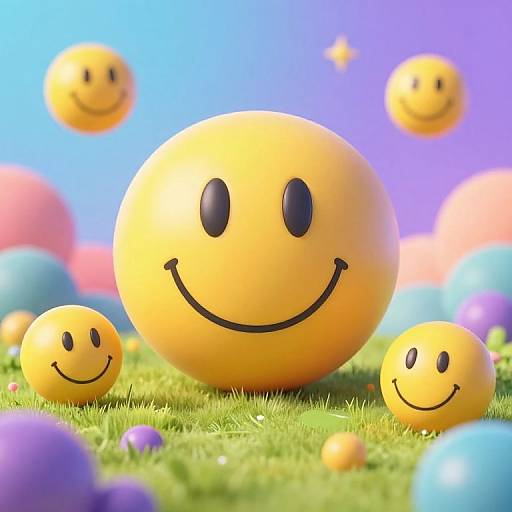 CGI image of three yellow smiley balls with black eyes and smiles, floating on grass with colorful balloons, against a gradient blue to purple sky.