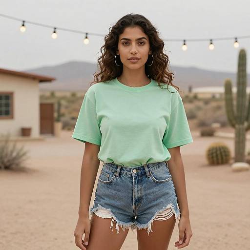 Photograph of a young woman with curly brown hair, light green t-shirt, and frayed denim shorts, standing in a desert with cacti