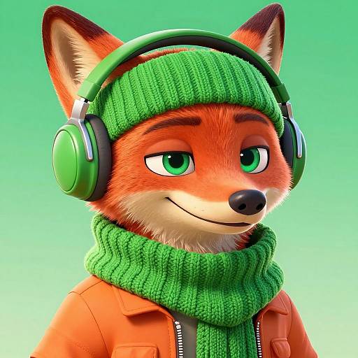 Digital illustration of an anthropomorphic fox with orange fur, green eyes, wearing green headphones and matching knit beanie and scarf, with a confident smile against