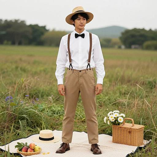 Man in Picnic Outfit Standing in Field