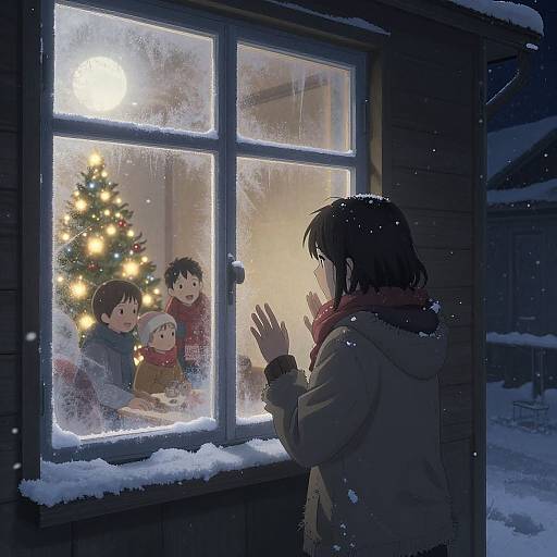 Digital anime-style drawing of a woman in a winter coat gazing through a snowy window at a warmly lit room with children and a Christmas tree.