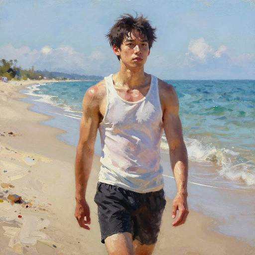 Thoughtful Muscular Man on Summer Beach