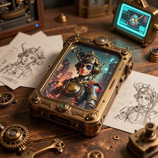 Steampunk smartphone with futuristic cyborg portrait, surrounded by sketches, gears, and a glowing display on a wooden table. Digital art.