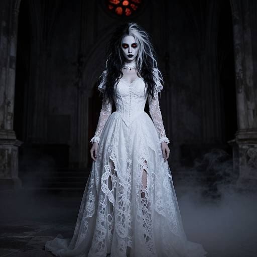 Gothic-style photograph of a pale woman in a white lace gown with long sleeves, standing in a dark, misty cathedral with a red stained