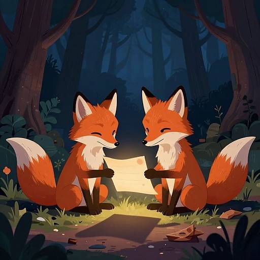 Digital illustration of two cute red foxes with white-tipped tails, sitting by a glowing fire in a dark, enchanted forest.