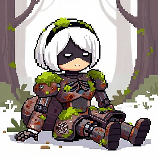 Moss-Covered Rusty Robot Relaxing