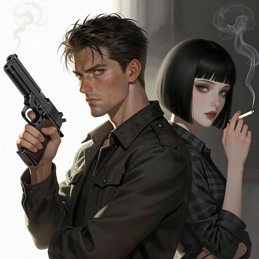 Photorealistic Illustration of Man with Gun and Woman Smoking