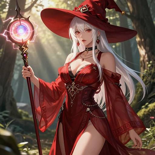 Digital anime-style artwork of a sexy white-haired witch with red eyes, red dress, and hat, holding a glowing magical staff in a sunlit forest