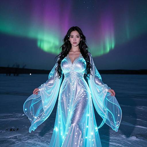 Photograph of a woman with long black hair in a glowing, translucent blue dress, standing in a frozen landscape under a colorful aurora borealis.