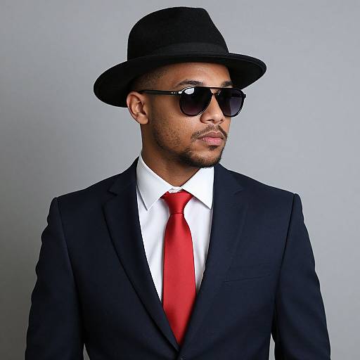 Photograph of a confident Black man in a black suit, white shirt, red tie, black fedora, and dark sunglasses.