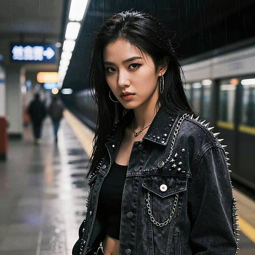 Fierce Woman on Neon Subway Platform