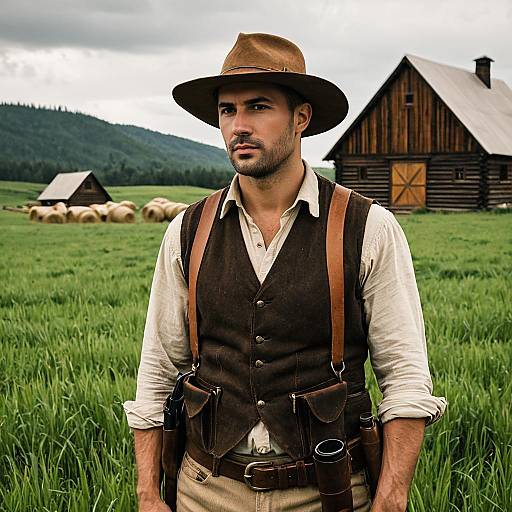 Handsome Man in Medieval Farmer Outfit in Countryside