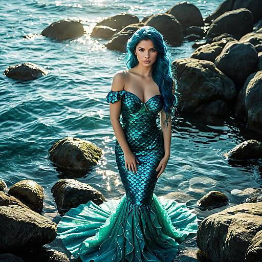 Mermaid in Teal Scale Dress by Rocky Shore
