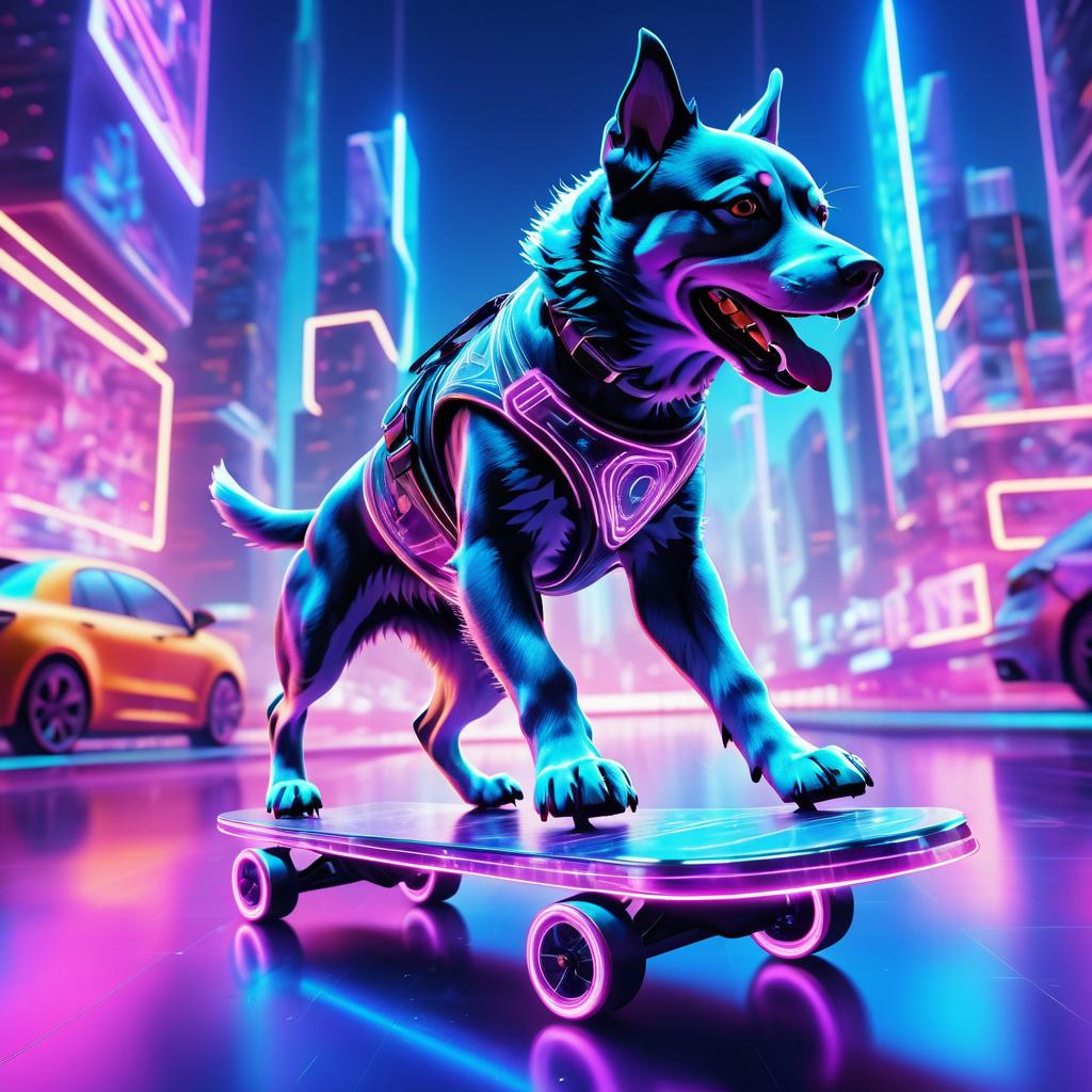 Cybernetic Dog Skateboarding in Neon City