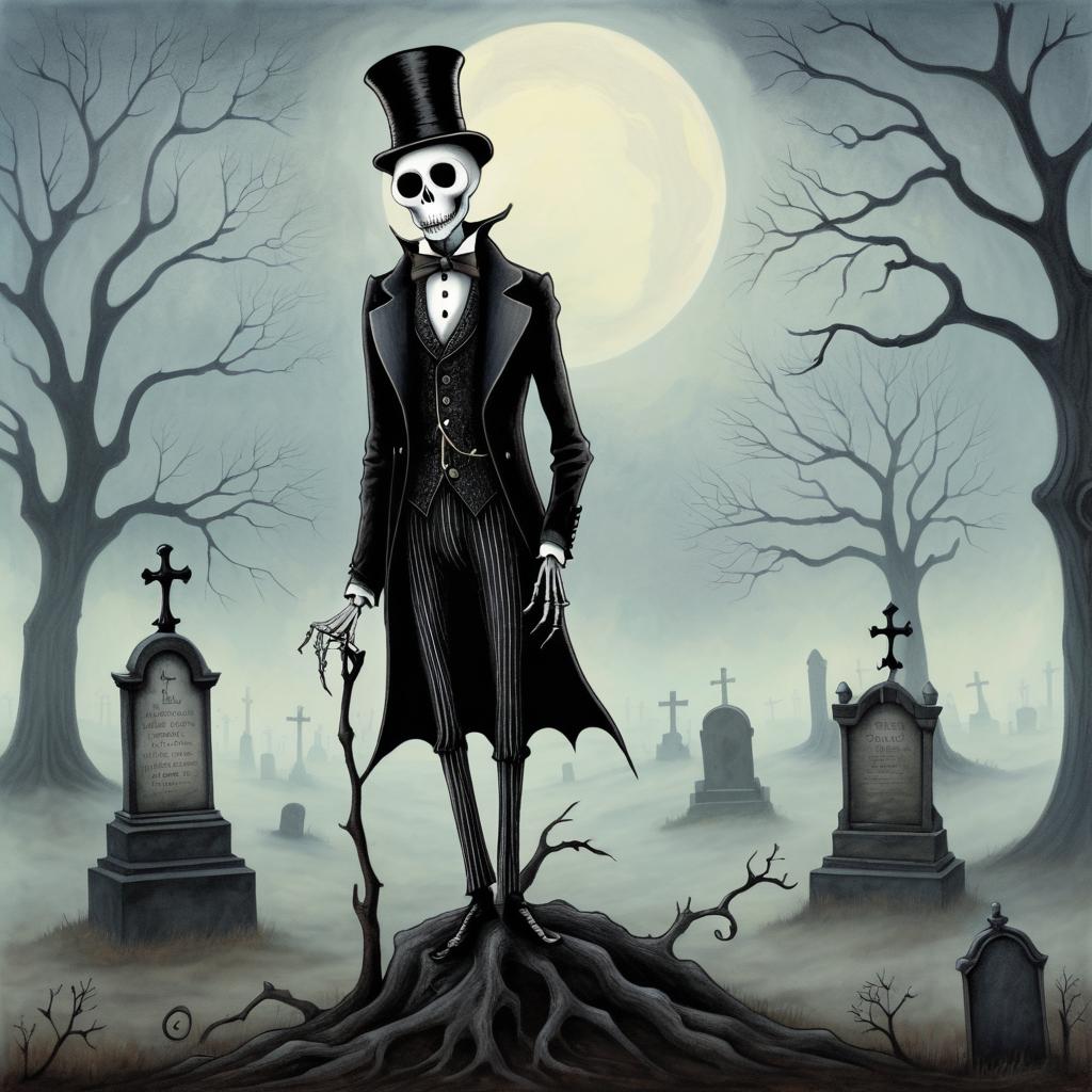 Whimsical Ghoul in Eerie Graveyard Art