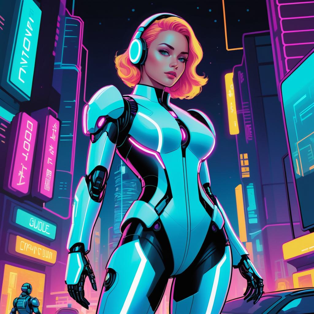 Futuristic Robot Guide in Neon City