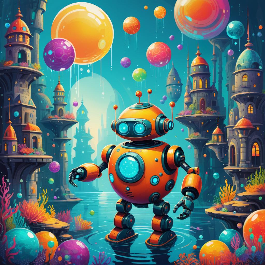 Cheerful Robot in Colorful Underwater City