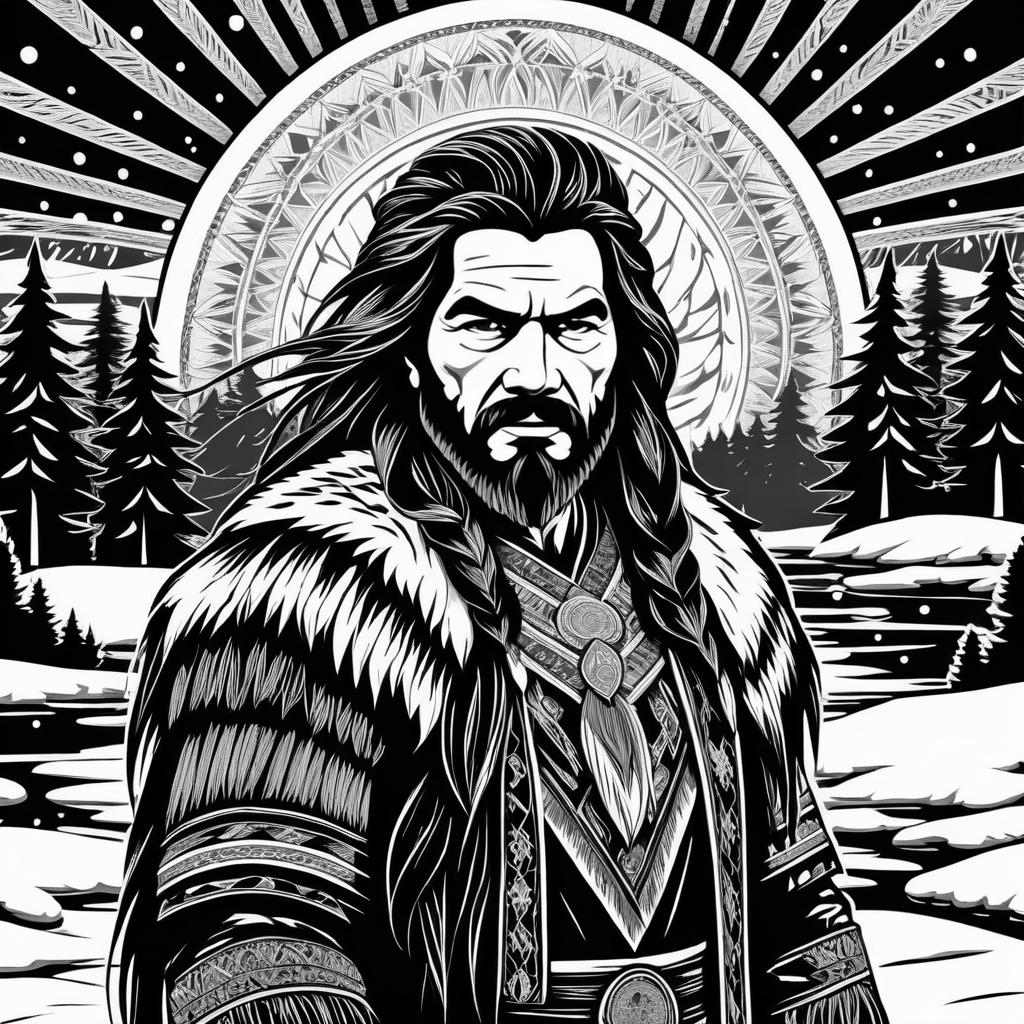 Fierce Chief in Snowy Woodcut Style