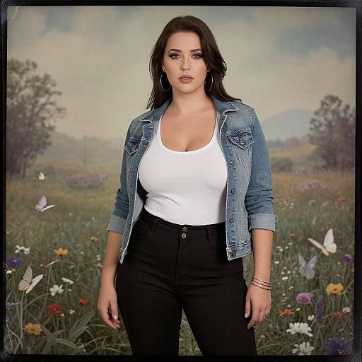 Photograph of a fair-skinned woman with dark brown hair, wearing a white tank top, blue denim jacket, and black pants, standing in a