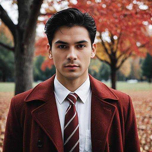 Man in Red Coat and Necktie in Autumn Park