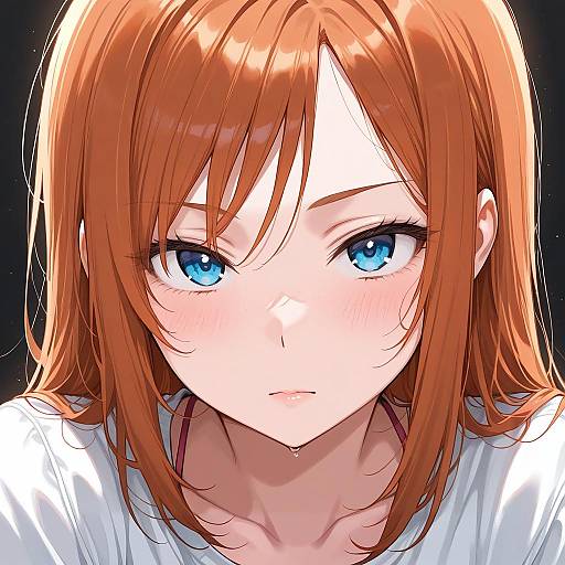 Digital anime-style drawing of a red-haired girl with striking blue eyes, white shirt, and serious expression, set against a dark background.