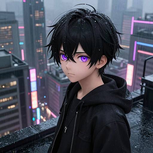 Anime-style digital artwork of a black-haired, purple-eyed boy in a black hoodie, standing on a rainy city rooftop with neon-lit skyscrapers