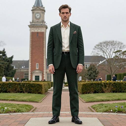 Photograph of a serious, handsome man in a dark suit, white shirt, and black shoes standing on a brick path with a tall clock tower in