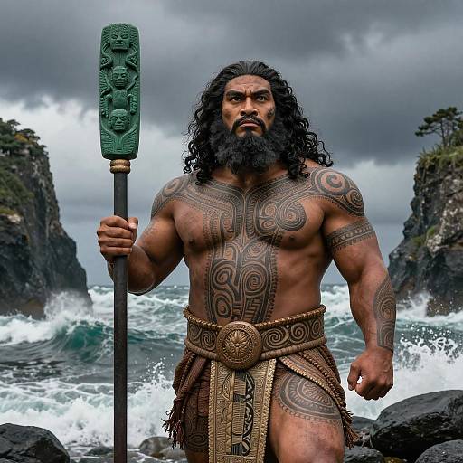Photograph of muscular, tattooed Polynesian warrior with long black hair and beard, holding green carved staff, standing on rocky coastline with crashing waves