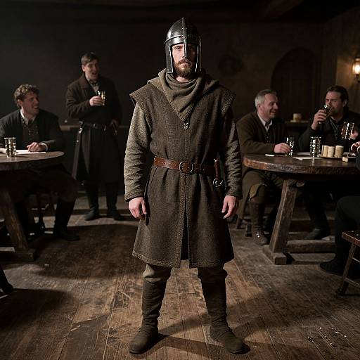 Photograph of a medieval warrior in dark armor, helmet, and cloak, standing in dimly lit tavern with four seated men.