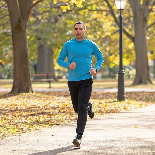 Photograph of a man with short dark hair, wearing a blue long-sleeve shirt, black pants, and running shoes, jogging on a sun