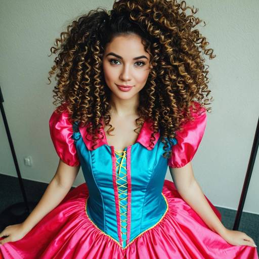 Young woman in colorful cosplay dress with voluminous curly hair