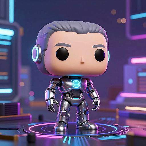 Chibi-style CGI of a futuristic, robotic character with gray hair, large black eyes, glowing blue accents, and neon-lit background.