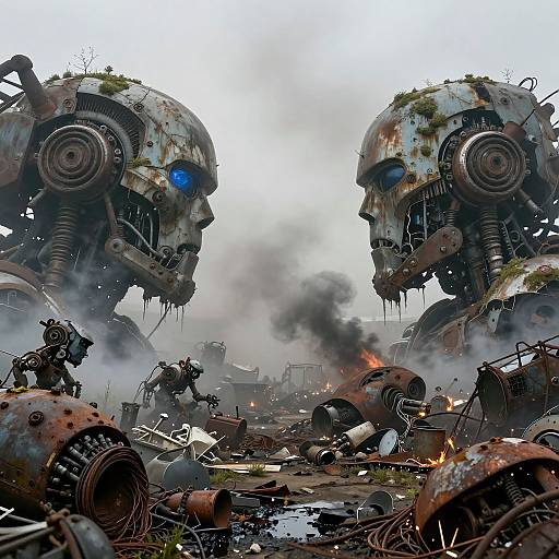 Photorealistic digital art: Two rusted, humanoid robot heads with glowing blue eyes face each other amidst a smoky, debris-filled battlefield.