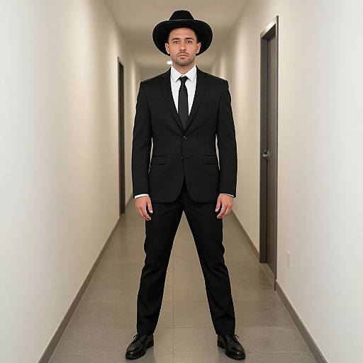 Photograph of a bearded man in a black suit, white shirt, black tie, and black hat standing confidently in a bright, narrow, white