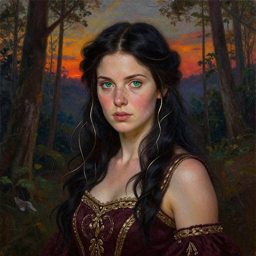 Digital painting of a young woman with green eyes, long black hair, wearing a dark off-shoulder dress, large hoop earrings, against a forest