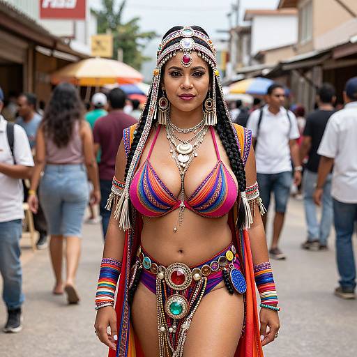 Photograph of a voluptuous South Asian woman in colorful, revealing traditional attire with intricate jewelry, walking through a bustling street market with blurred pedestrians in the
