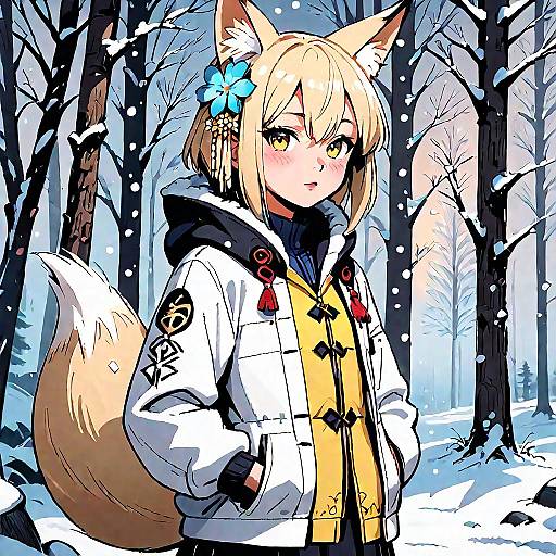 Blonde Fox Girl in Snowy Forest