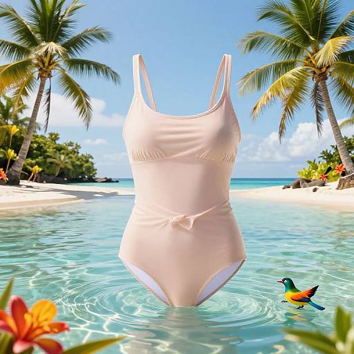 Photograph of a white one-piece swimsuit submerged in clear tropical water, surrounded by palm trees, colorful flowers, and a vibrant bird.