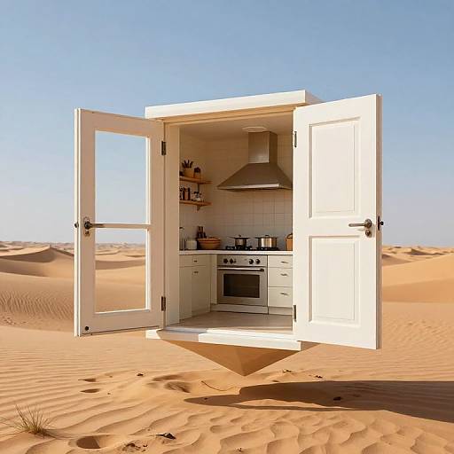 Photograph of a small, white kitchen trailer with open doors, situated in a sunny, sandy desert with clear blue sky.