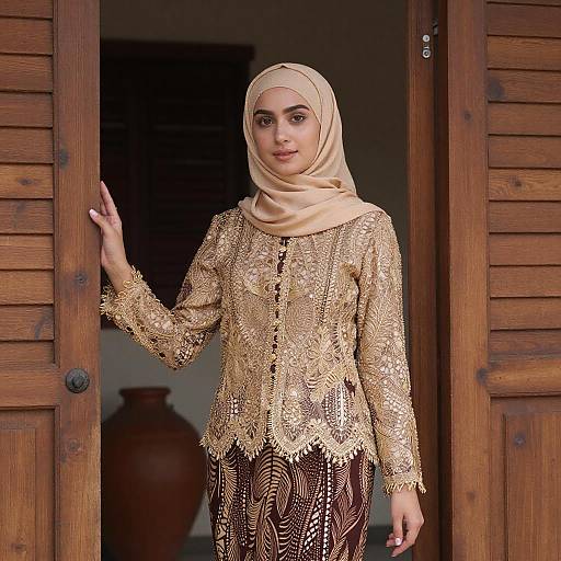 Young Woman in Tan Hijab by Doorway