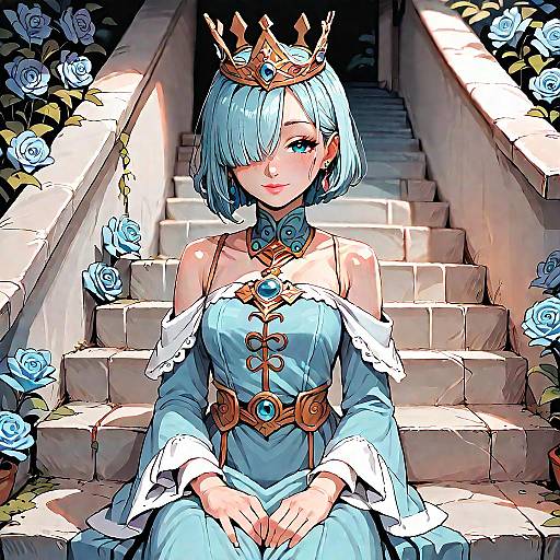 Crowned Aqua Gown Girl on Stairs