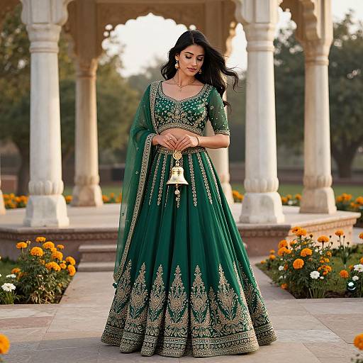 Photograph of an Indian woman in a green, gold-embroidered lehenga, standing under a white marble pavilion with orange marigolds