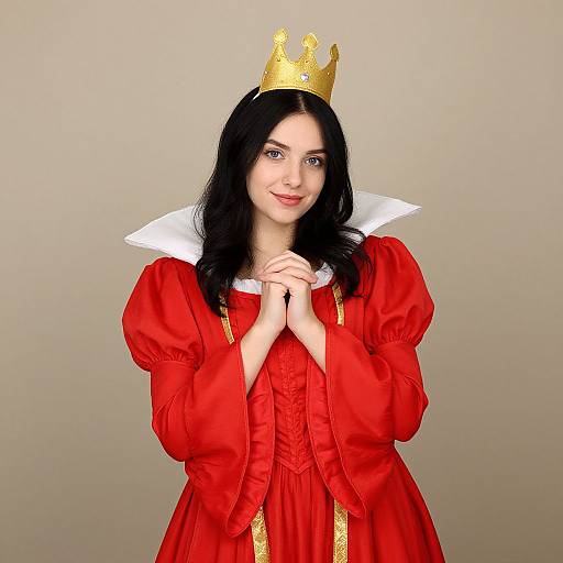 Photograph of a fair-skinned woman with black hair, wearing a gold crown, red medieval-style dress with puffed sleeves, and white collar,