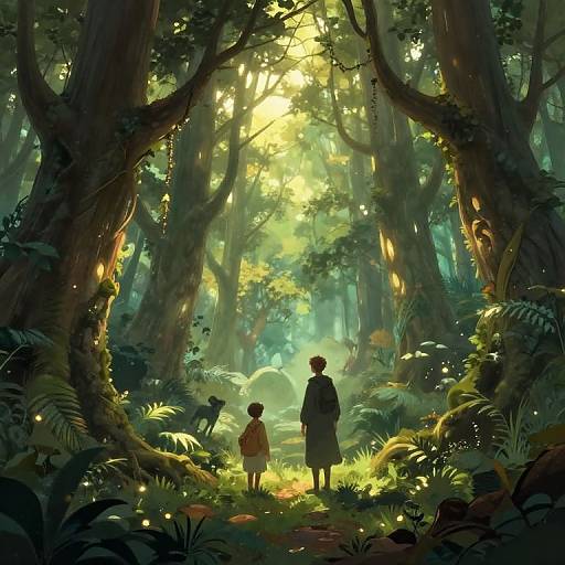 Digital fantasy artwork of a sunlit forest with towering trees, ferns, and two children standing in the center, bathed in golden light.