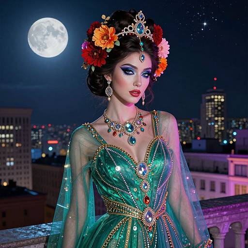 Photograph-style digital art of a fair-skinned woman with dark hair, wearing a green, jewel-encrusted dress and floral crown, under