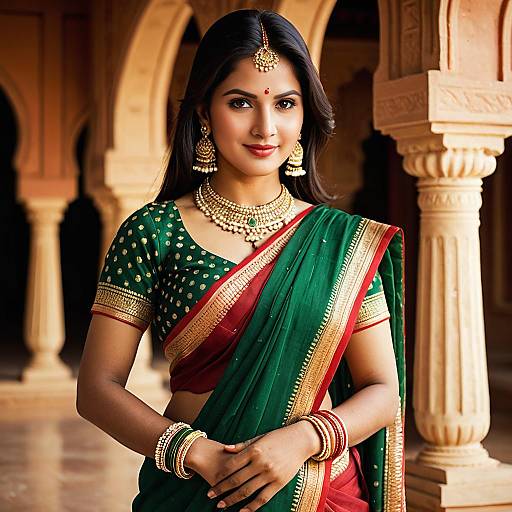 Indian Woman in Traditional Green and Red Saree